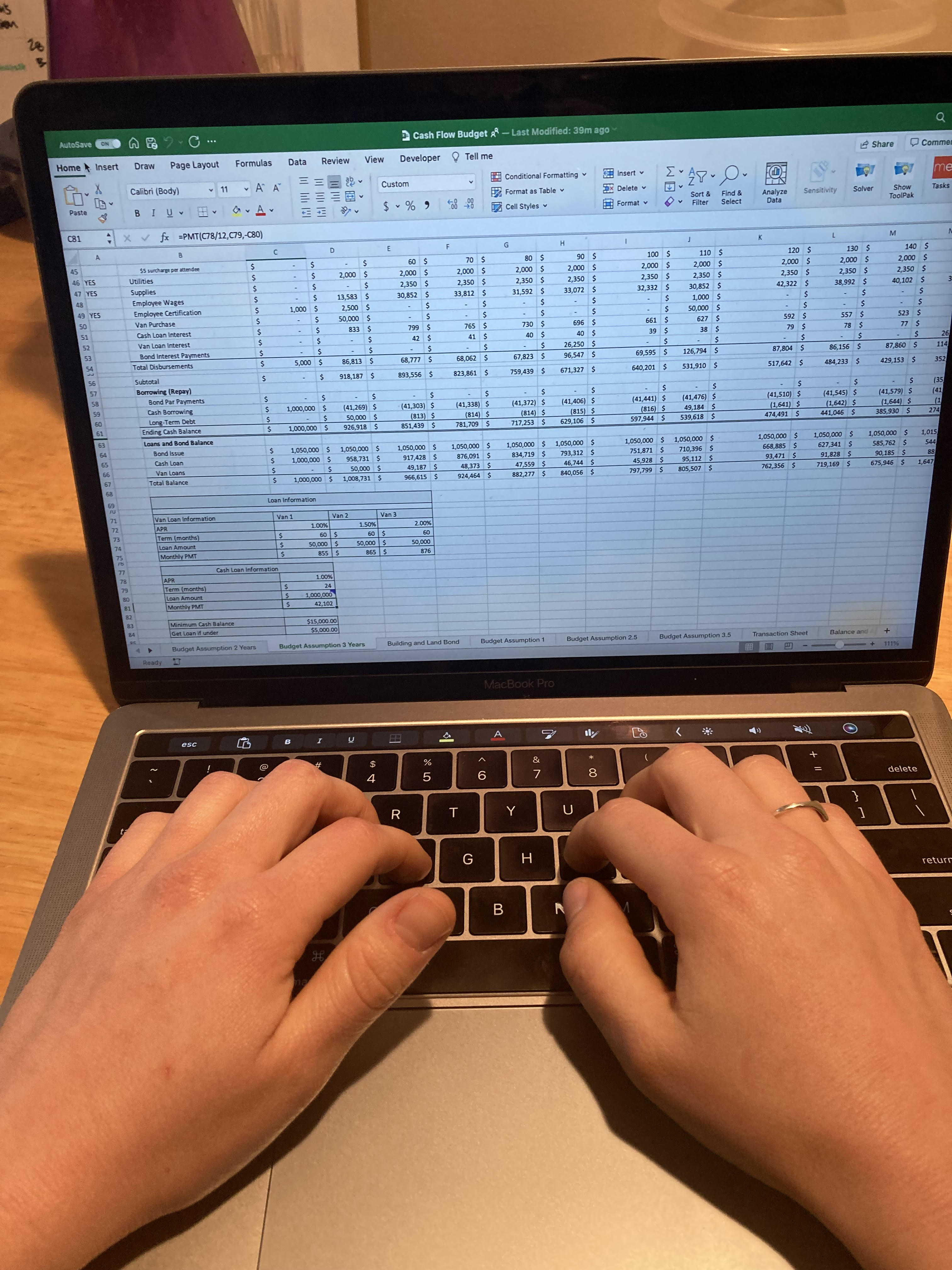 Hands typing on an Excel Budget